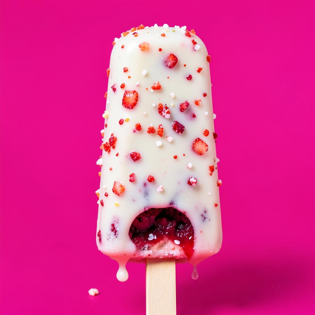 Detalhe do picolé cravejado com recheio de frutas vermelhas